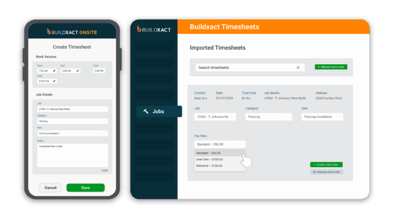 A concept of how builders can use a mobile app to log time sheets with Buildxact